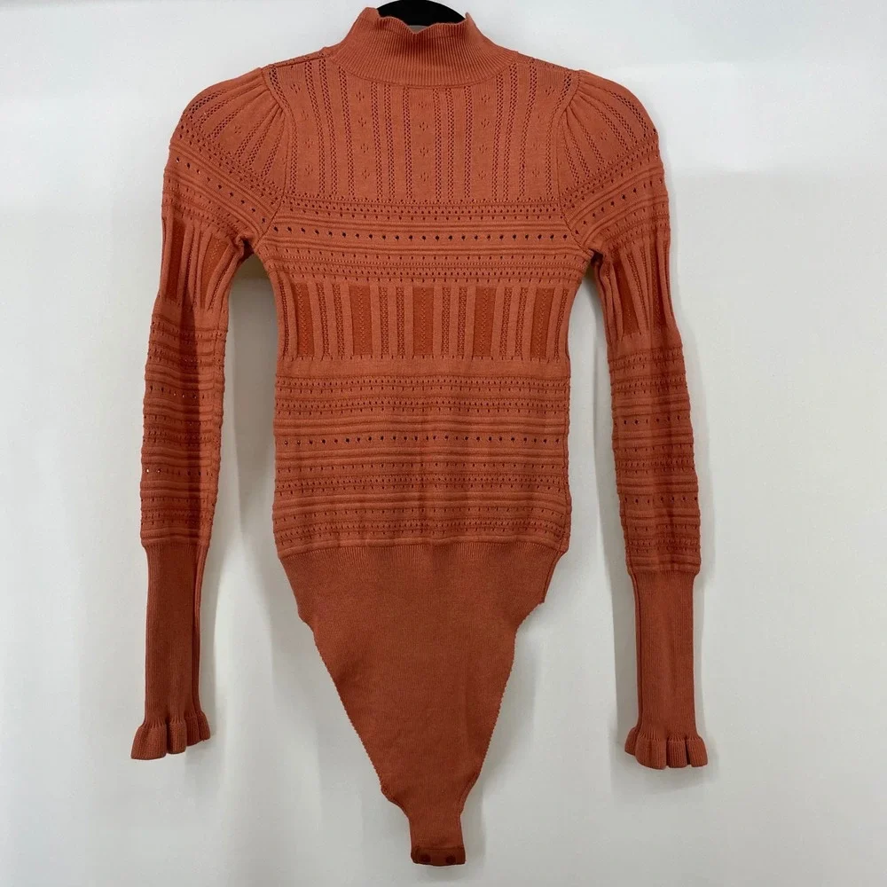 Free People Size Small Pointelle Me About It Bodysuit Orange Mock Neck Ruffle